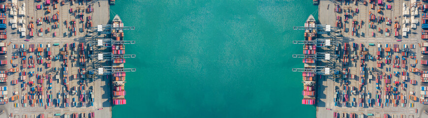 Fototapeta na wymiar Panoramic top-down aerial view of container ports mirrored symmetrically on both sides of turquoise sea, with colorful cargo containers aligned along piers and open water space in center, creating str