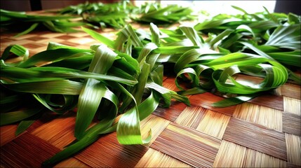 Obraz premium Fresh Green Pandan Leaves Spread Across a Woven Wooden Surface Ready for Culinary Use