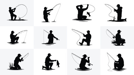 Fototapeta premium Silhouetted fishermen in various poses casting fishing rods kneeling standing and reeling in catches against a minimalist background emphasizing leisure and outdoor activity