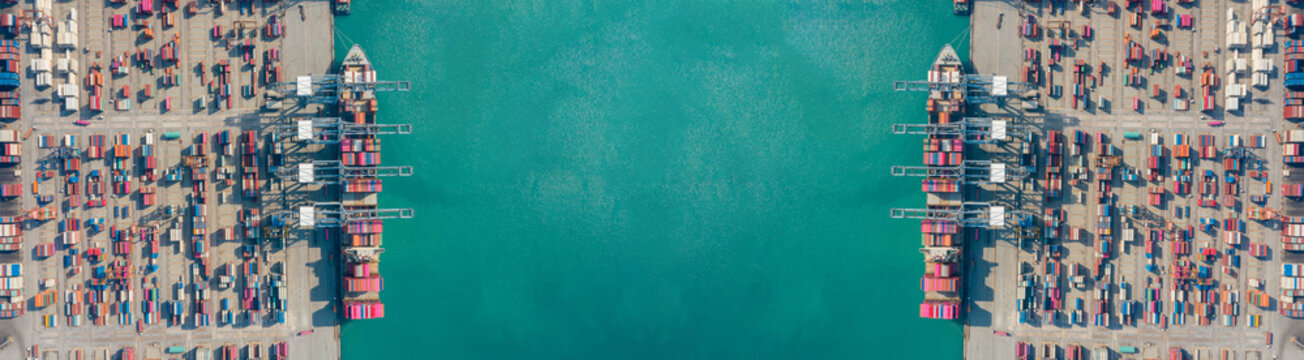 Panoramic top-down aerial view of container ports mirrored symmetrically on both sides of turquoise sea, with colorful cargo containers aligned along piers and open water space in center, creating str