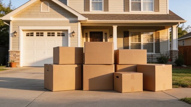 A stack of cardboard boxes is placed on the driveway in front of a suburban house. The house features a garage and a porch, with a well-maintained lawn.