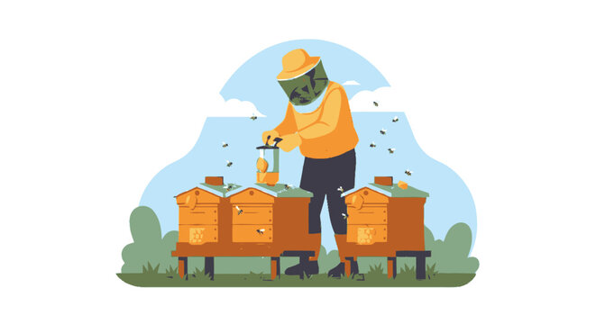 Beekeeper in protective suit tending to beehives with jars.