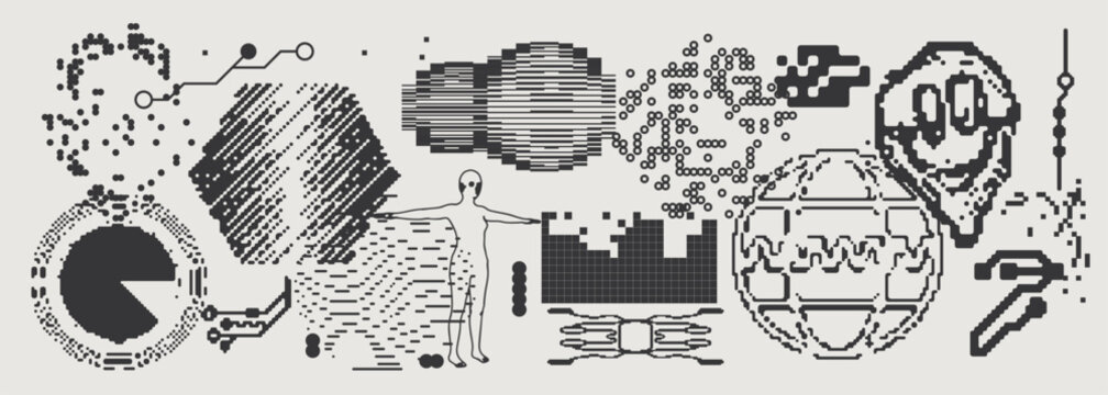 Abstract Vector Graphics Collection, Y2K Brutalist Style, Cyberpunk Glitch Elements, Pixelated Geometric Shapes.