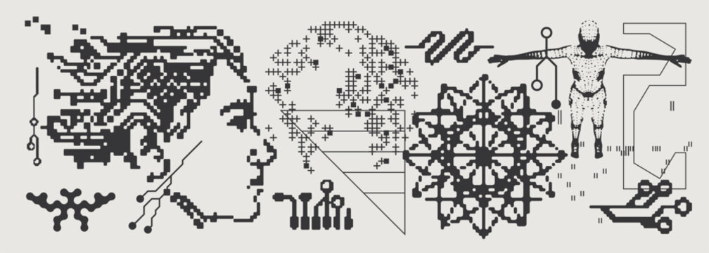Abstract Vector Graphics Collection, Y2K Brutalist Style, Cyberpunk Glitch Elements, Pixelated Geometric Shapes.