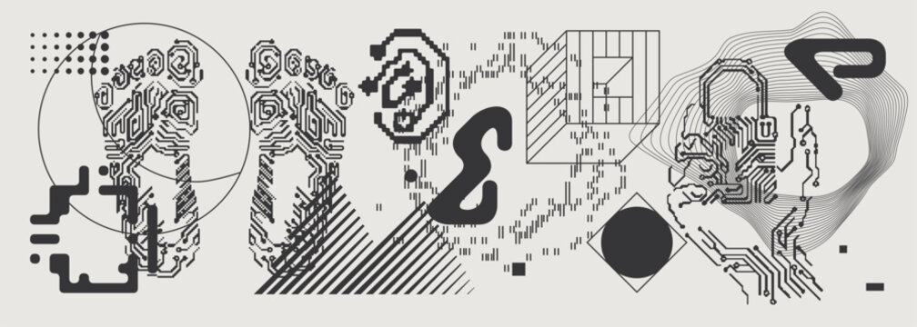 Abstract Vector Graphics Collection, Y2K Brutalist Style, Cyberpunk Glitch Elements, Pixelated Geometric Shapes.
