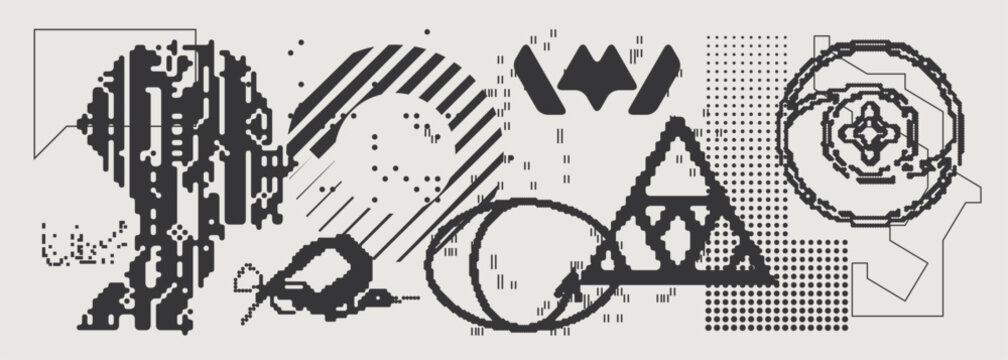 Abstract Vector Graphics Collection, Y2K Brutalist Style, Cyberpunk Glitch Elements, Pixelated Geometric Shapes.