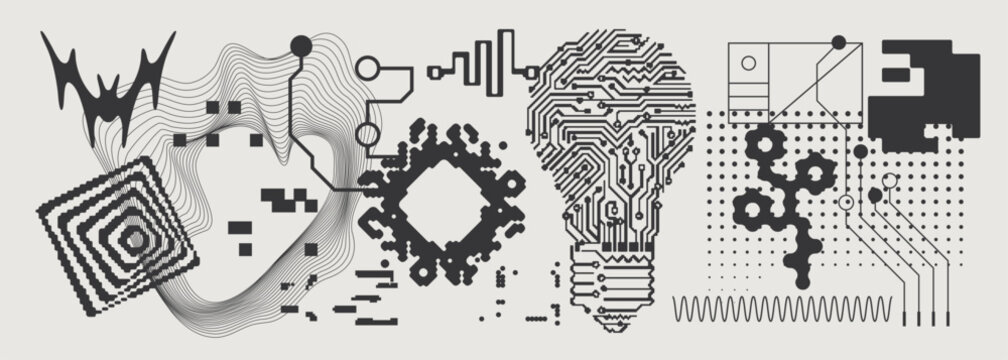 Abstract Vector Graphics Collection, Y2K Brutalist Style, Cyberpunk Glitch Elements, Pixelated Geometric Shapes.