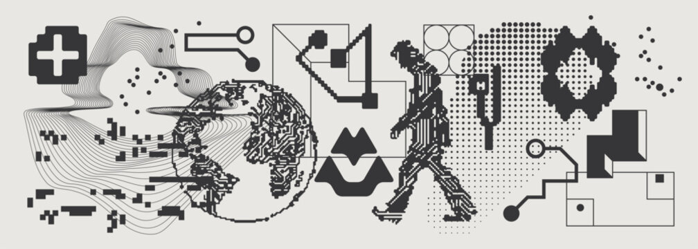 Abstract Vector Graphics Collection, Y2K Brutalist Style, Cyberpunk Glitch Elements, Pixelated Geometric Shapes.