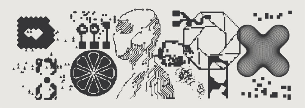 Abstract Vector Graphics Collection, Y2K Brutalist Style, Cyberpunk Glitch Elements, Pixelated Geometric Shapes.