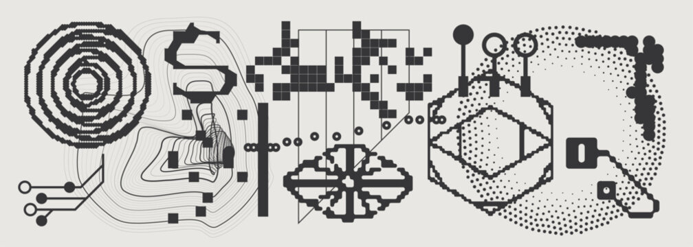 Abstract Vector Graphics Collection, Y2K Brutalist Style, Cyberpunk Glitch Elements, Pixelated Geometric Shapes.