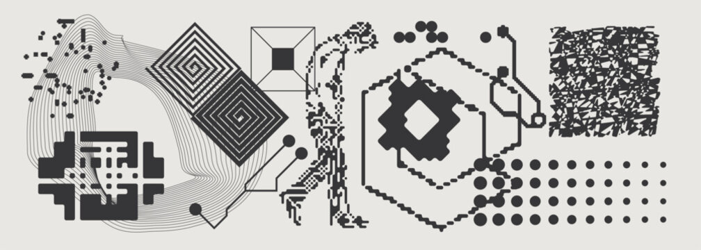 Abstract Vector Graphics Collection, Y2K Brutalist Style, Cyberpunk Glitch Elements, Pixelated Geometric Shapes.
