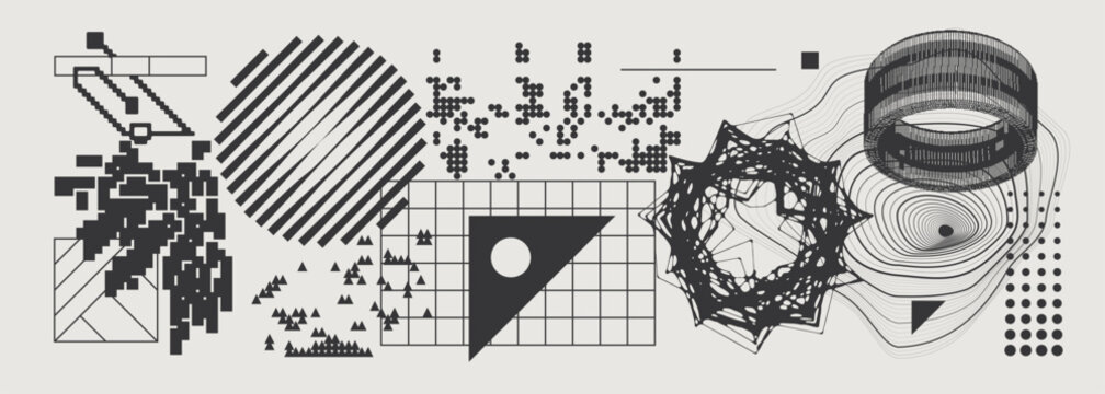 Abstract Vector Graphics Collection, Y2K Brutalist Style, Cyberpunk Glitch Elements, Pixelated Geometric Shapes.