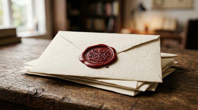 Stack of Envelopes with Red Wax Seals on Table