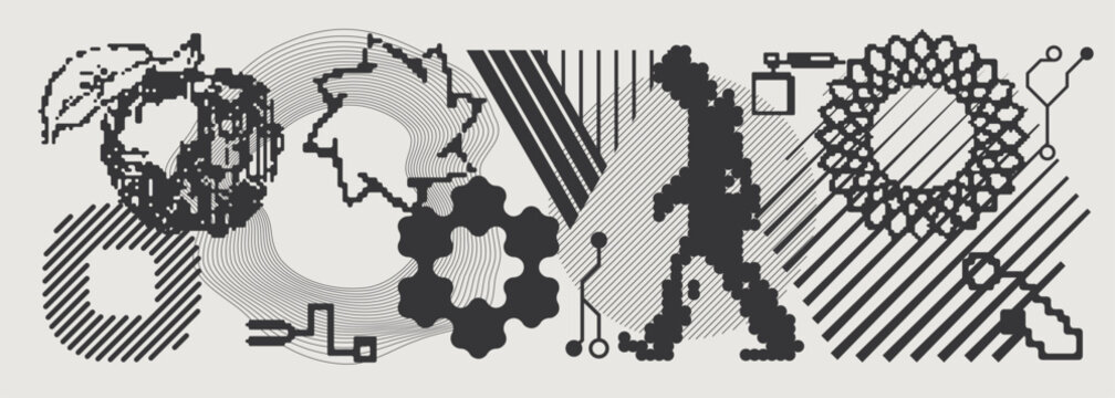 Abstract Vector Graphics Collection, Y2K Brutalist Style, Cyberpunk Glitch Elements, Pixelated Geometric Shapes.