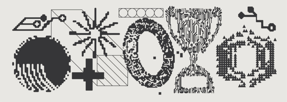 Abstract Vector Graphics Collection, Y2K Brutalist Style, Cyberpunk Glitch Elements, Pixelated Geometric Shapes.