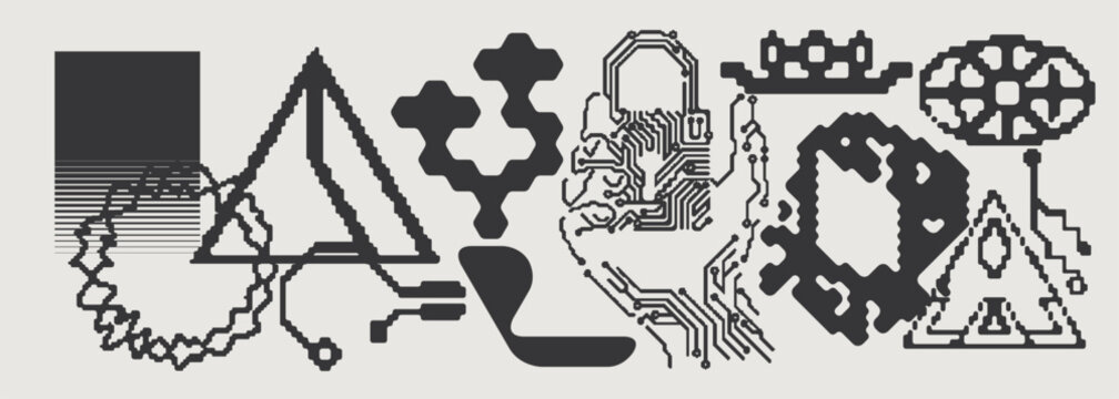 Abstract Vector Graphics Collection, Y2K Brutalist Style, Cyberpunk Glitch Elements, Pixelated Geometric Shapes.