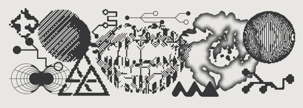 Abstract Vector Graphics Collection, Y2K Brutalist Style, Cyberpunk Glitch Elements, Pixelated Geometric Shapes.