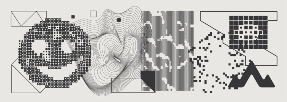 Abstract Vector Graphics Collection, Y2K Brutalist Style, Cyberpunk Glitch Elements, Pixelated Geometric Shapes.
