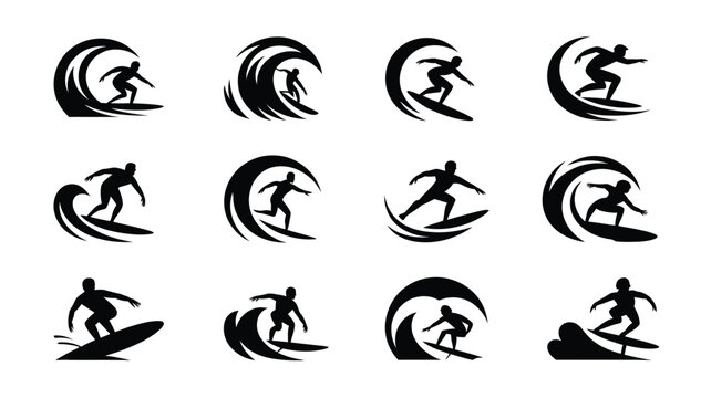 Dynamic surfer silhouettes riding stylized waves in vector format black and white design for surfing and ocean themes