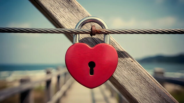 Red heart-shaped padlock on a metal cable with a wooden bridge in the background