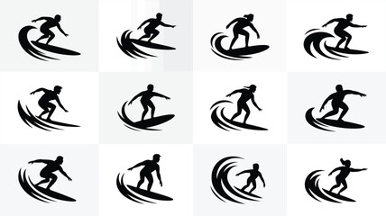 Naklejka premium Dynamic silhouettes of surfers riding waves in minimalist black and white style showcasing motion and energy in vector illustration format
