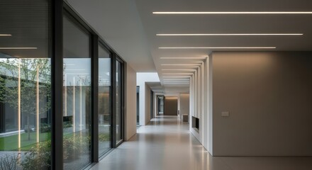 Fototapeta premium Bright Modern Hallway with Large Windows and Linear Lighting.