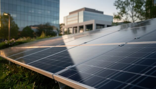 Medium shot focusing on solar panel details with softfocus corporate buildings behind emphasizing green energy as a core retirement investment strategy.