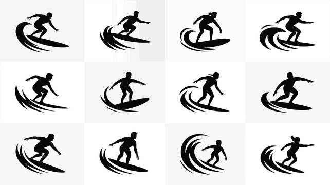Dynamic silhouettes of surfers riding waves in minimalist black and white style showcasing motion and energy in vector illustration format