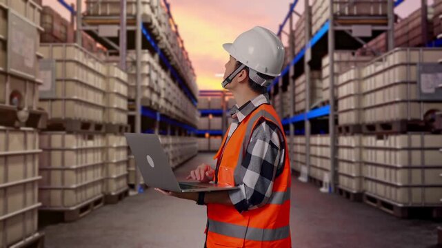 Side View Of Asian Male Engineer With Safety Helmet Working On A Laptop And Looking Around While Standing at Warehouse with Containers and Barrels