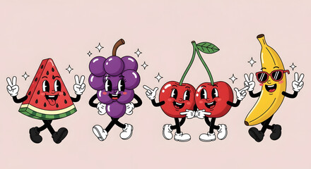 Fototapeta premium cartoon dancing fruits celebrating with happy faces and arms