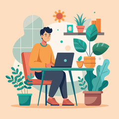 Fototapeta premium Modern Work From Home Concept Illustration, Young Professional Working on Laptop in Home Office, Minimal Flat Vector Design