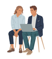 Fototapeta premium Two professionals sit side by side, focused on a laptop. One person rests hands on their lap, attentive. The other gestures, perhaps explaining something. They sit on simple chairs, facing inward