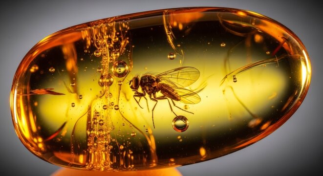 Insect fossil in amber stone.