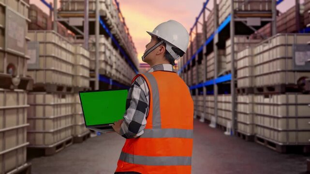 Back View Of Asian Male Engineer With Safety Helmet Working On A Green Screen Laptop And Looking Around While Standing at Warehouse with Containers and Barrels