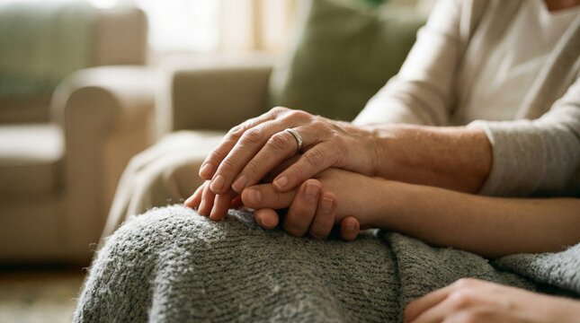 Two generations of hands holding each other, symbolizing care and support, demonstrating connection, comfort, and love between family members sharing a tender moment.