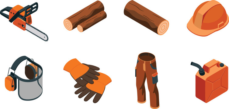 Isometric forestry tool set with chainsaw wood logs helmet gloves pants fuel can and protective equipment illustration collection