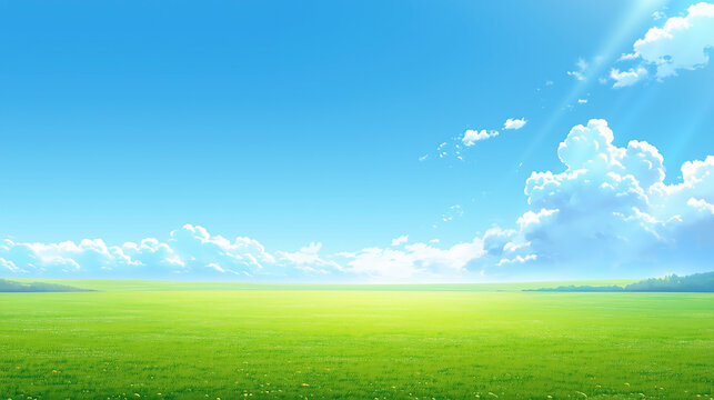 青空と緑の草原が広がる爽やかな風景イラスト