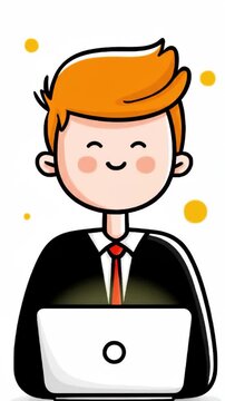 An animated cartoon man with orange hair wears a black suit and red tie, working on a white laptop against a plain white background
