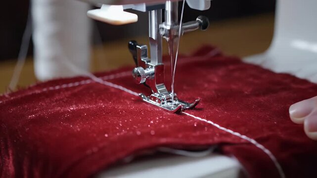 Close-up of a sewing machine needle stitching white thread onto red velvet fabric