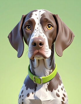 A high-detail 3D cartoon portrait of a German Shorthaired Pointer featuring expressive amber eyes, chocolate-brown patches, and a vibrant lime-green collar against a soft, gradient olive background