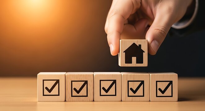 Hand placing a house icon on a wooden block with checkmarks, symbolizing real estate checklist completion.