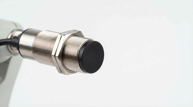 Industrial proximity sensor with threaded body on white background