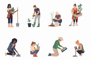 Fototapeta premium Diverse group of people tending to plants in a garden setting