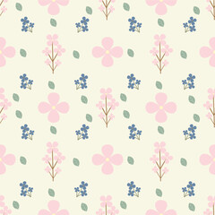 Fototapeta premium Minimalist Seamless Floral Pattern with Pink Blossoms and Blue Flowers