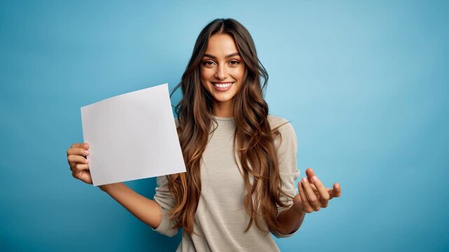 Blank signage concept A smiling woman holds an empty white card mockup against a blue background advertising marketing or promotional messages in commercial or editorial projects Shot in a studio.