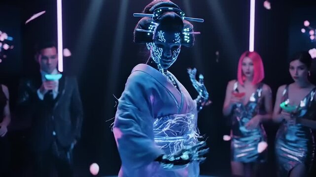 Woman Dancing in Futuristic Kimono on Stage.
