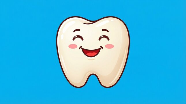 Cartoon illustration of smiling tooth with closed eyes, raised eyebrows, wide grin, and pink cheeks on solid bright blue background, cheerful design symbolizing friendly dental care and children&rsquo;s ora