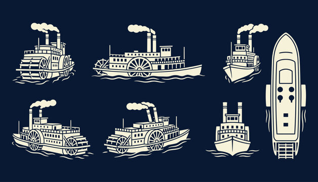 Vintage steamboat and paddle wheeler illustration set on red background