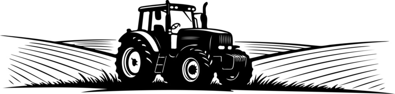 tracktor field landscape engraving black and white outline