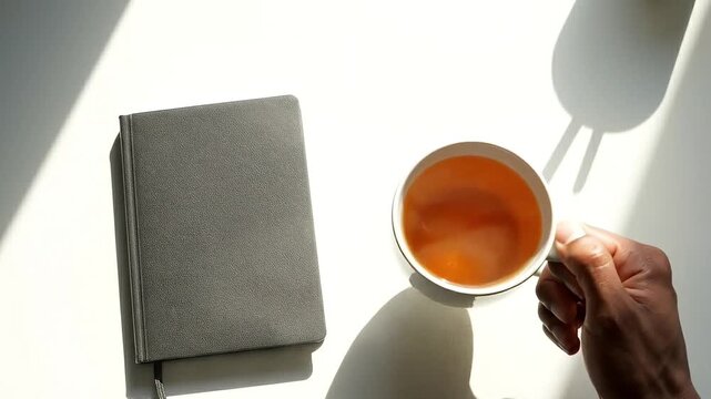 hands holding a warm cup of herbal tea next to a mindfulness journal on a clean desk for corporate mental health